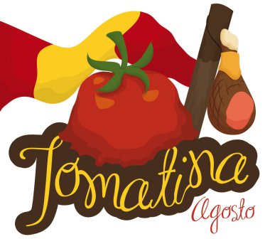 Dalgalanan bayrak, sopa, jambon ve vektör çizim Tomatina Festival için yapışan domates