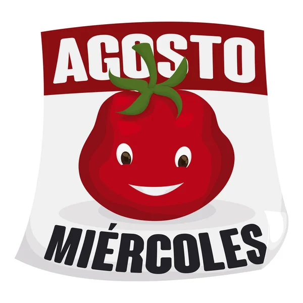 Glimlachend tomaat over kalender in het Spaans voor Tomatina viering, Vector Illustratie — Stockvector