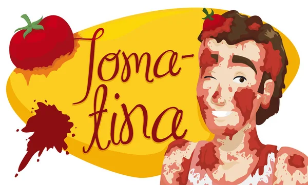 若い男はトマティーナ祭、ベクトル図記号の上のトマトで覆われて — ストックベクタ