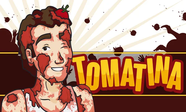 Hombre cubierto de tomates tocando en el Festival de Tomatina, Vector Illustration — Vector de stock
