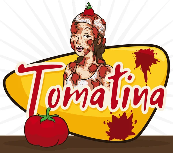 記号とトマト トマティーナ祭りを祝う挨拶以上の美しい女性ベクトル イラスト — ストックベクタ