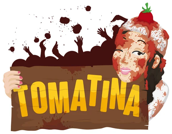 トマティーナ祭り、ベクトル図の看板を持っているトマトで覆われている女性 — ストックベクタ