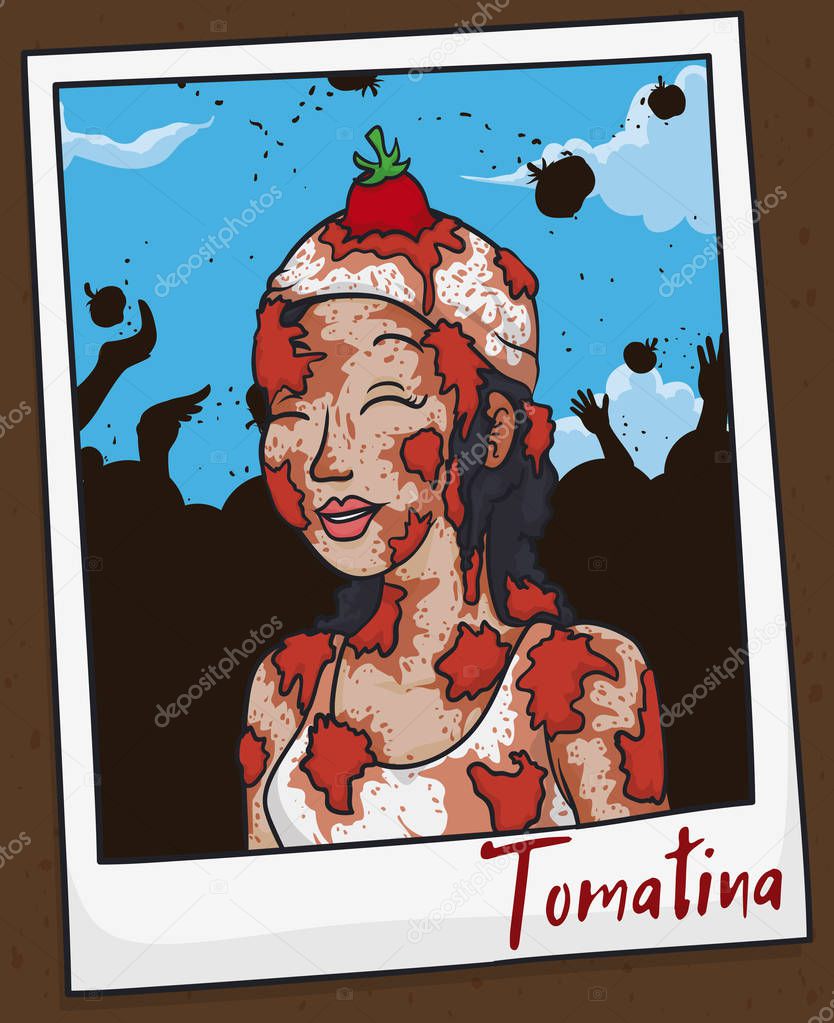 Portrait with Young Woman Picture Celebrating Tomatina Festival, Vector Illustration