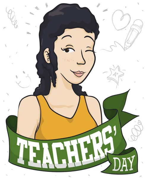 Bella educatrice con nastro di saluto che celebra il giorno degli insegnanti, illustrazione vettoriale — Vettoriale Stock