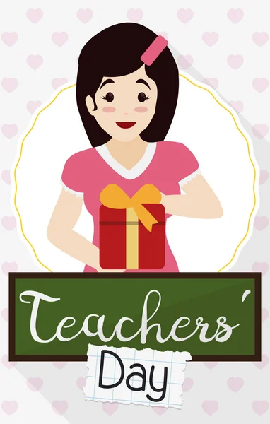 Prachtige vrouwelijke opvoeder met Gift voor de viering van de dag van de Teachers', vectorillustratie — Stockvector