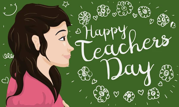 Güzel öğretmen kara tahta tebrik çizimlerde görüşüyor illüstrasyon vektör