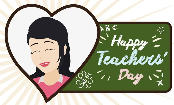 Gelukkig vrouwelijke leraar en groet schoolbord viert haar dag, vectorillustratie — Stockvector