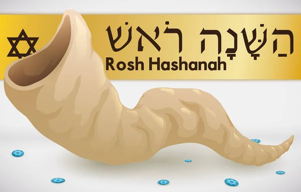 Shofar Horn und Konfetti mit Grußschild für rosh hashanah, Vektorillustration — Stockvektor