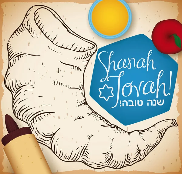 Hand Drawn Shofar corne avec des éléments traditionnels de Rosh Hashanah, Illustration vectorielle — Image vectorielle