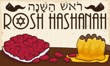 Lezzetli nar tohum ve bal Yahudi yeni yılı kutlama, vektör çizim