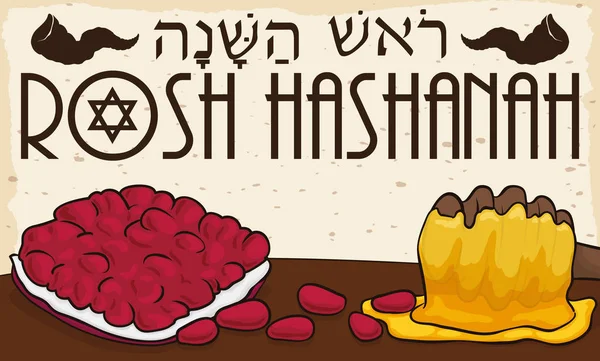 Lezzetli nar tohum ve bal Yahudi yeni yılı kutlama, vektör çizim