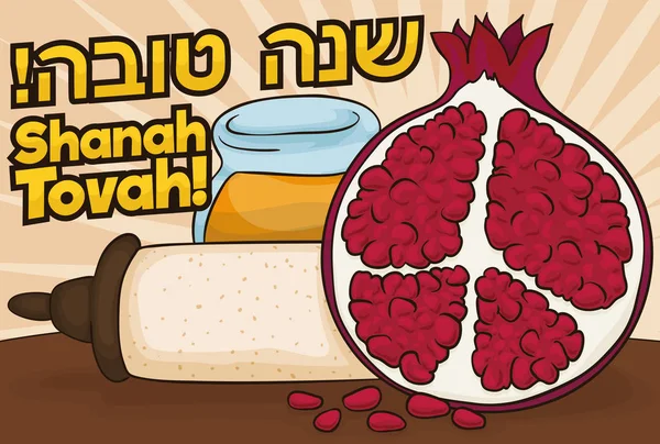 Granatapfel in Scheiben geschnitten, Honig, Schriftrolle und Grüße zum jüdischen Neujahr, Vektorillustration — Stockvektor