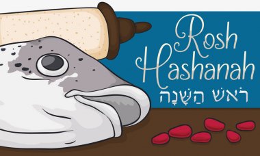 Balık yemek, nar taneleri ve kaydırma yeni yıl için vektör çizim kafa