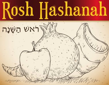El geleneksel meyve ve Shofar boynuz için Rosh Hashanah, vektör çizim çekilmiş