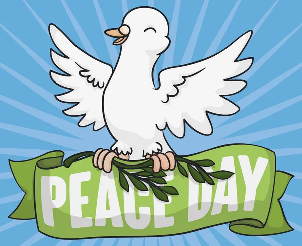 Λευκό περιστέρι που κρατάει κλαδί ελιάς και κορδέλα για την ημέρα της ειρήνης, εικονογράφηση διάνυσμα — Διανυσματικό Αρχείο