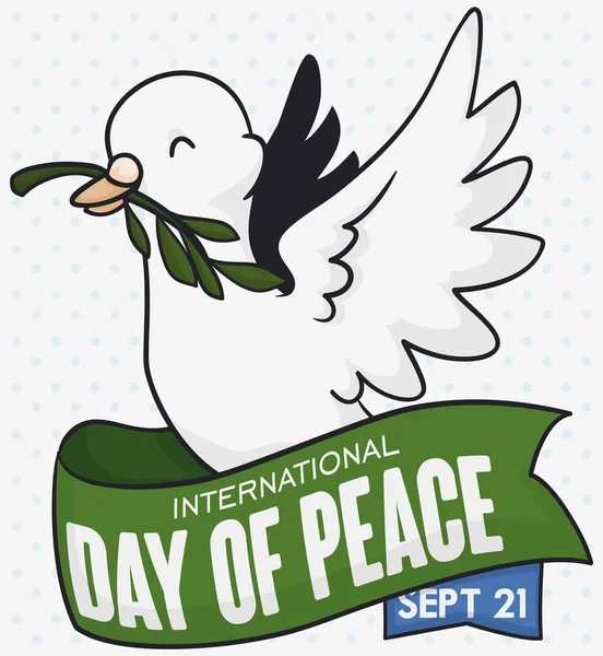 Περιστέρι που κρατάει κλαδί ελιάς και κορδέλα για την ημέρα της ειρήνης, εικονογράφηση διάνυσμα — Διανυσματικό Αρχείο