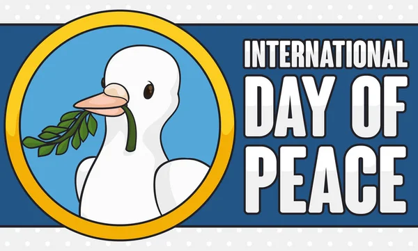 ボタン内の支店を持つベクトル図、平和の国際的な日の鳩 — ストックベクタ