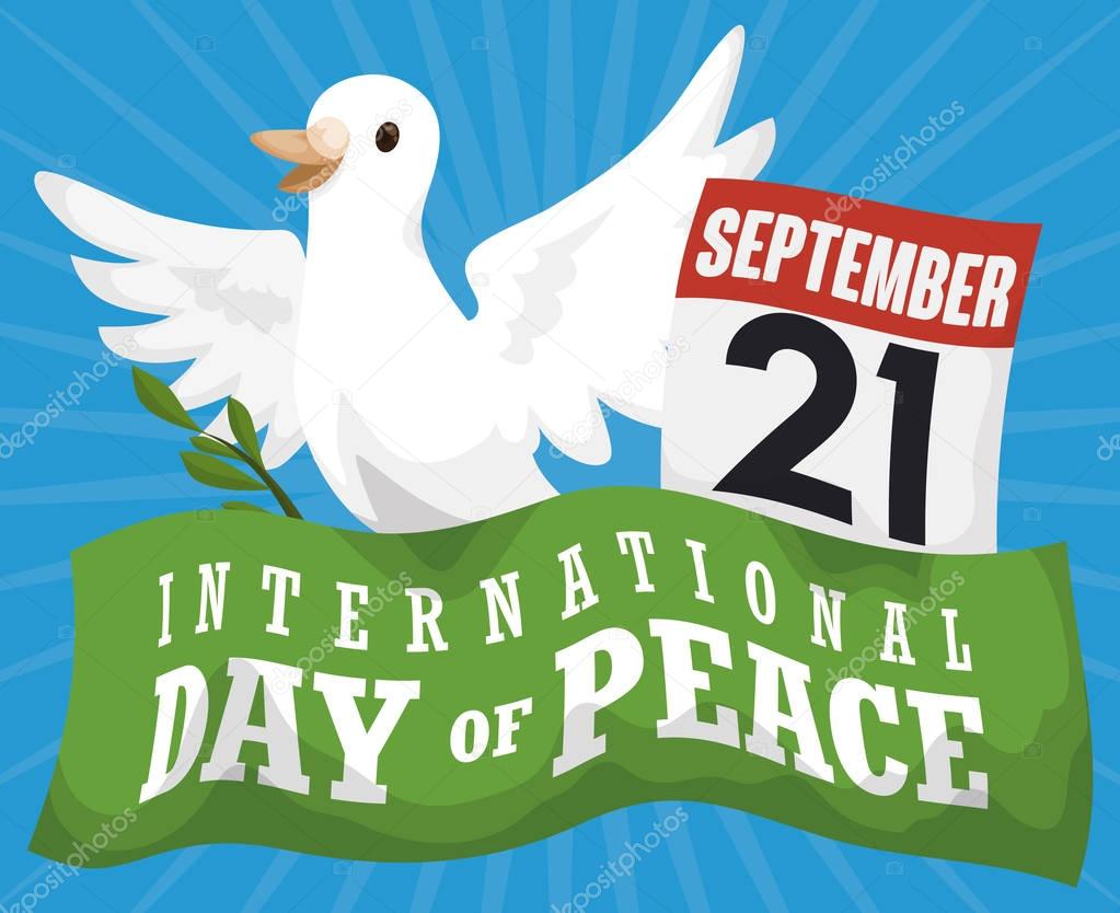 Dove, Olive Branch, Calendar and Ribbon for Day of Peace, Vector Illustration