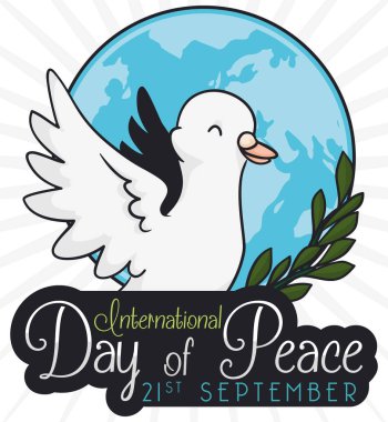 Küre ve zeytin dalı üzerinde barış, vektör çizim günü için güvercin