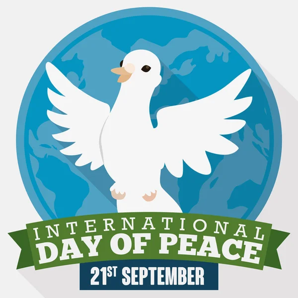 Περιστέρι πάνω από τη σφαίρα και κορδέλες για την διεθνή ημέρα ειρήνης, εικονογράφηση διάνυσμα — Διανυσματικό Αρχείο
