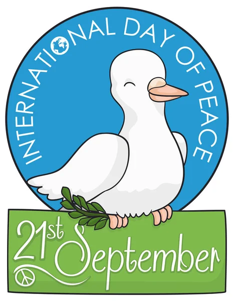 Περιστέρι κρατώντας ένα κλαδί ελιάς και το σύμβολο για την ημέρα της ειρήνης, διανυσματικά εικονογράφηση — Διανυσματικό Αρχείο