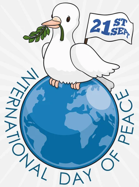 フラグと世界平和の日、ベクトル図の枝をくわえた鳩 — ストックベクタ
