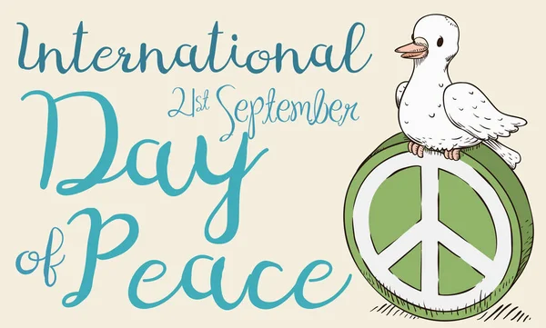 Cartaz retrô com pomba bonito para o Dia Internacional da Paz, ilustração vetorial — Vetor de Stock