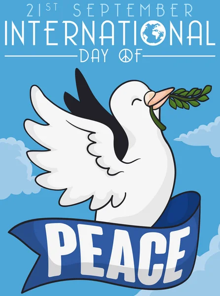 Ιπτάμενο Περιστέρι με κλαδί ελιάς και κορδέλα για ημέρα ειρήνης, εικονογράφηση διάνυσμα — Διανυσματικό Αρχείο