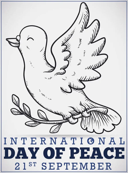Χέρι Περιστέρι με κλαδί ελιάς για την ημέρα της ειρήνης, εικονογράφηση διάνυσμα — Διανυσματικό Αρχείο