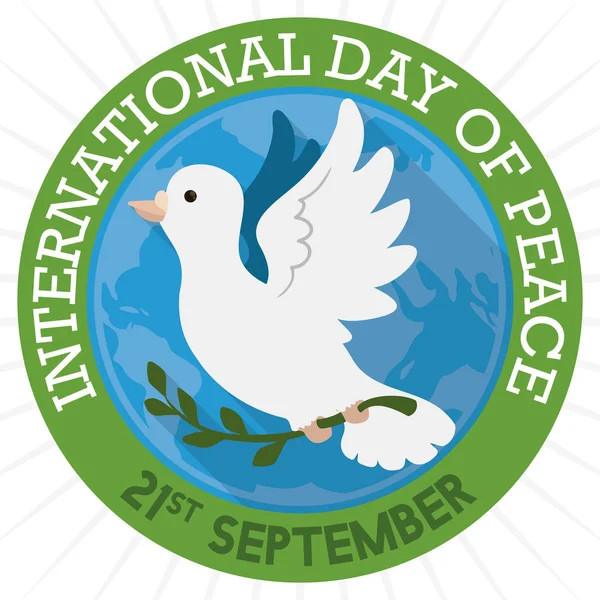 Κουμπί με το λευκό περιστέρι και Globe για διεθνή ειρήνη ημέρα, εικονογράφηση διάνυσμα — Διανυσματικό Αρχείο