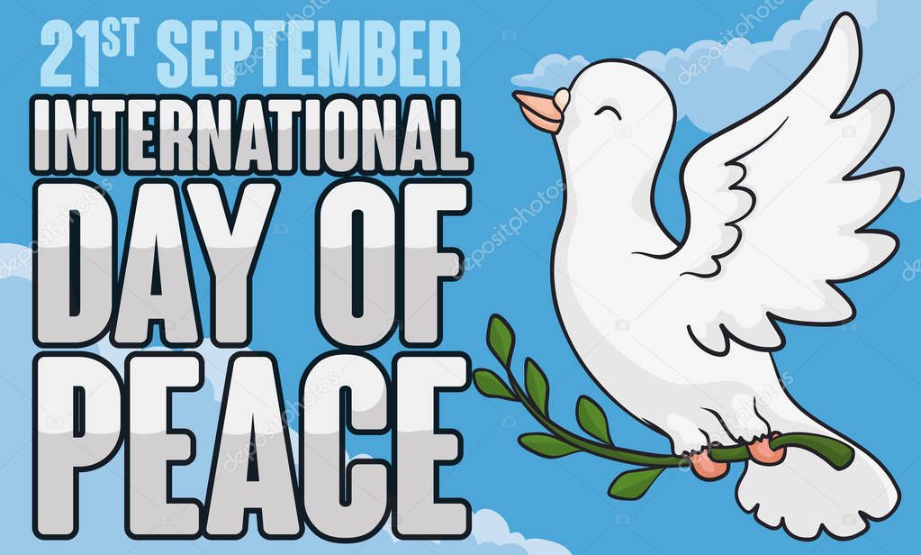 White Dove with Olive Branch Flying for International Peace Day, Vector Illustration
