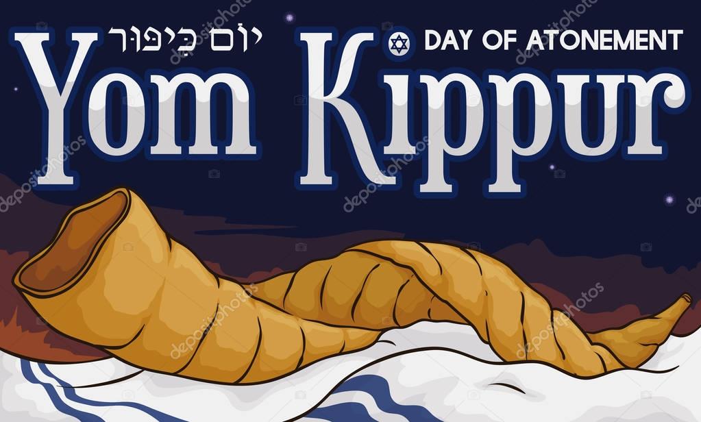 Shofar Horn over Tallit in a Dawn of Yom Kippur, Vector Illustration