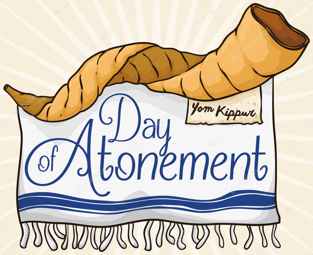 Shofar Horn, Scroll and Tallit for Jewish Day of Atonement, Vector Illustration