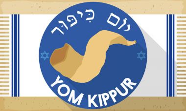 Tallit Yom Kippur, vektör çizim için düz stilde üzerinde Shofar boynuz