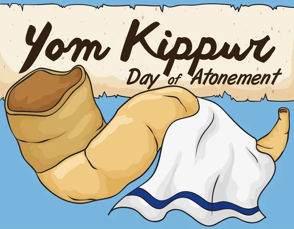 Cuerno de Shofar con talabartero blanco y pergamino para Yom Kippur, ilustración vectorial — Vector de stock