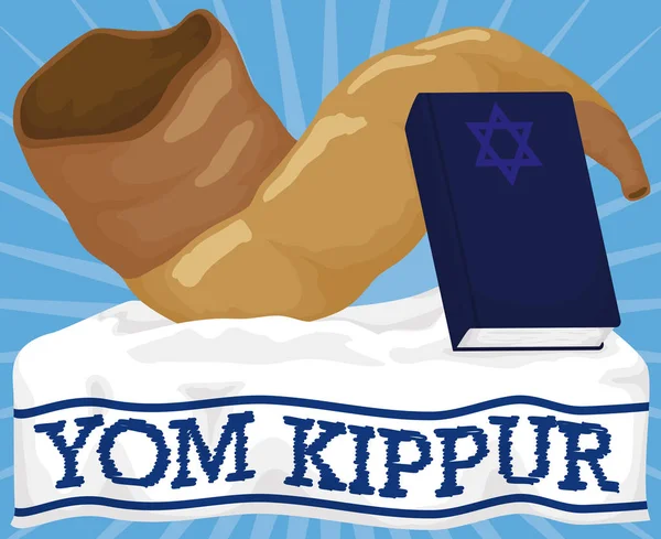 Shofar Horn e Livro Sagrado sobre Tallit para Yom Kippur, Ilustração do Vetor — Vetor de Stock