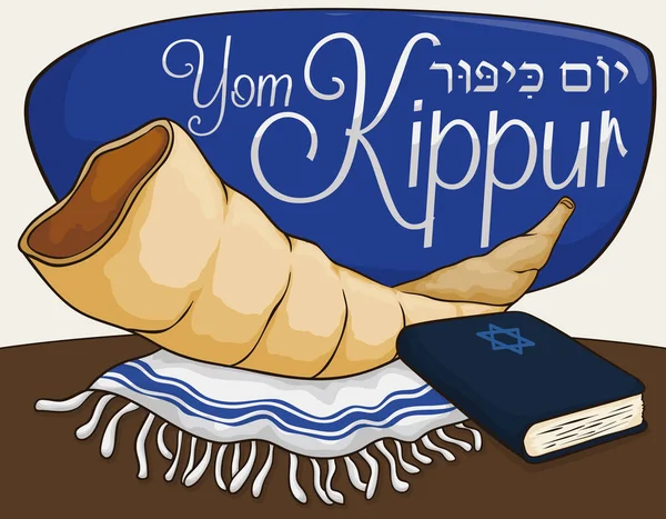 Shofar Horn, Tallit and Book for Prayers in Yom Kippur, Vector Illustration — Stock Vector