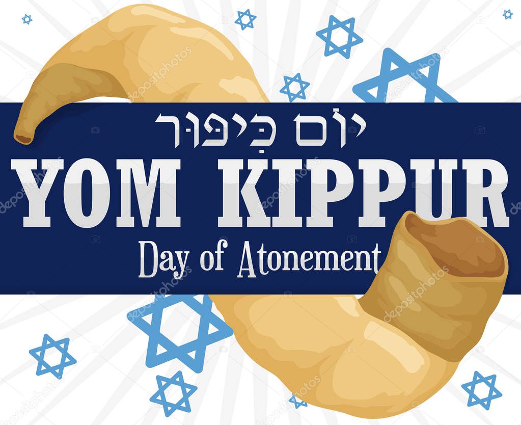Ribbon across Shofar Horn and Stars for Yom Kippur, Vector Illustration