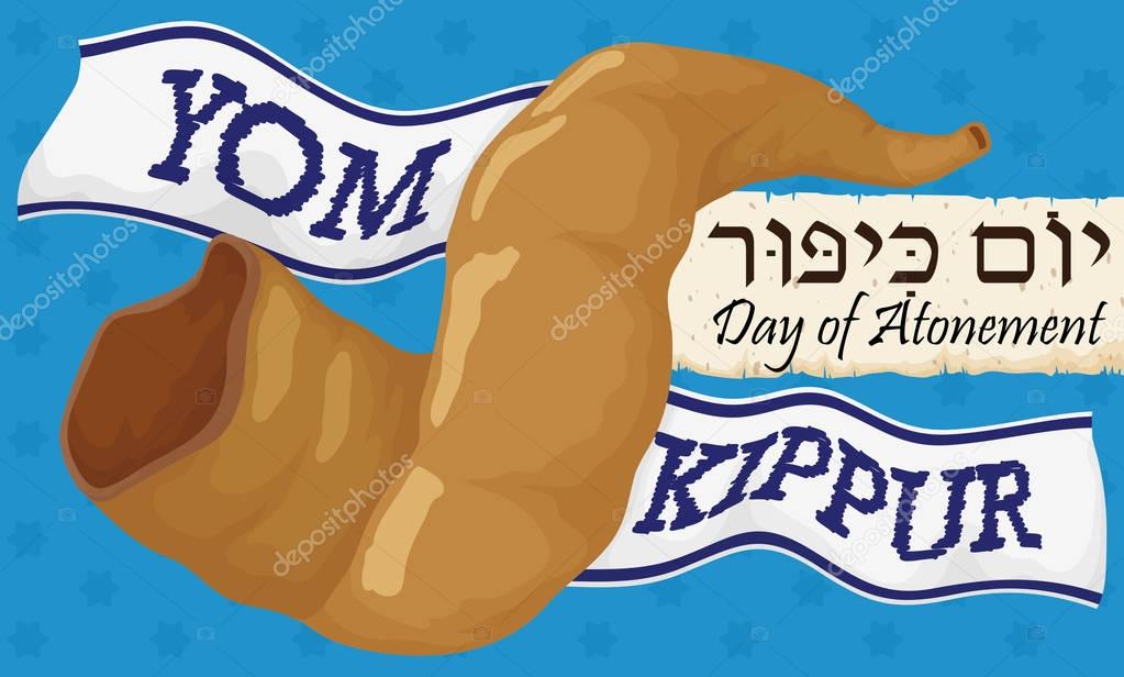 Shofar Horn with Ribbons and Scrolls Commemorating Jewish Yom Kippur, Vector Illustration