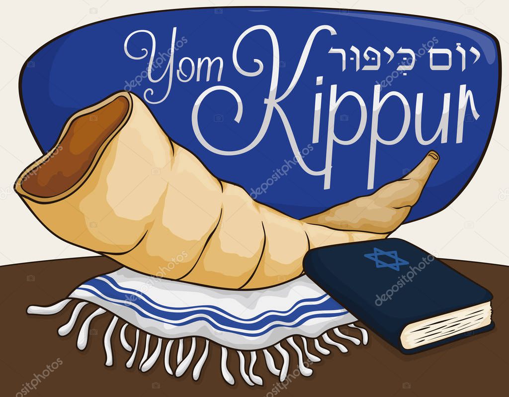 Shofar Horn, Tallit and Book for Prayers in Yom Kippur, Vector Illustration
