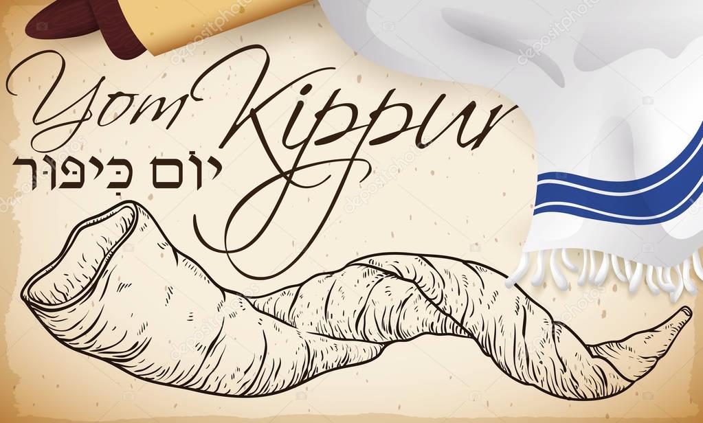 Hand Drawn Shofar Horn, Scroll and Tallit for Yom Kippur, Vector Illustration