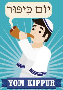 Jewish Man Blowing a Shofar to Celebrate Yom Kippur, Vector Illustration clipart