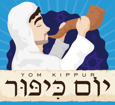 Jewish Man Blowing a Shofar behind Scroll for Yom Kippur, Vector Illustration clipart