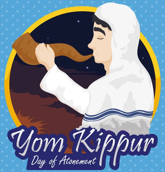 Hombre soplando un Shofar en un amanecer de Yom Kippur, Vector Ilustración — Vector de stock