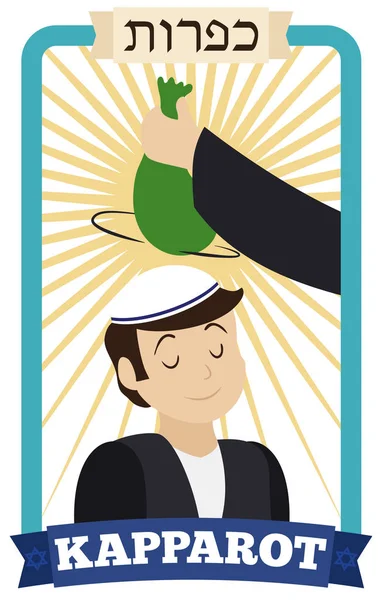 Homme agitant sac d'argent sur la tête du garçon pour Kapparot, Illustration vectorielle — Image vectorielle