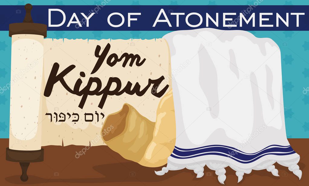 Scroll, Tallit and Shofar Horn to Celebrate Jewish Yom Kippur, Vector Illustration