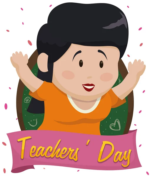 Happy Female Teacher over Confetti Shower in Teachers 'Day, Vector Illustration — Archivo Imágenes Vectoriales