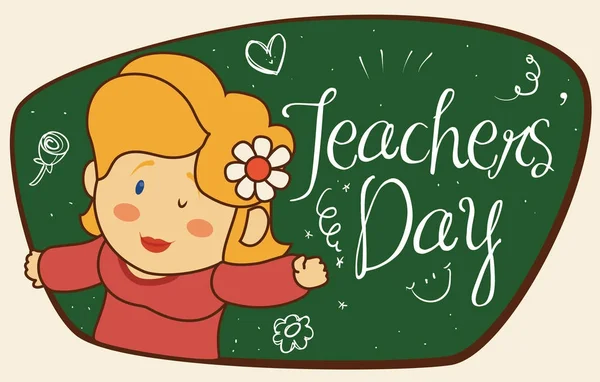 Schattig vrouwelijke opvoeder met bloem vieren Teachers' Day, vectorillustratie — Stockvector