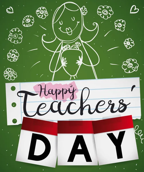 Bloemmotief in schoolbord, papier en kalenders voor Teachers' Day, Vector Illustratie — Stockvector