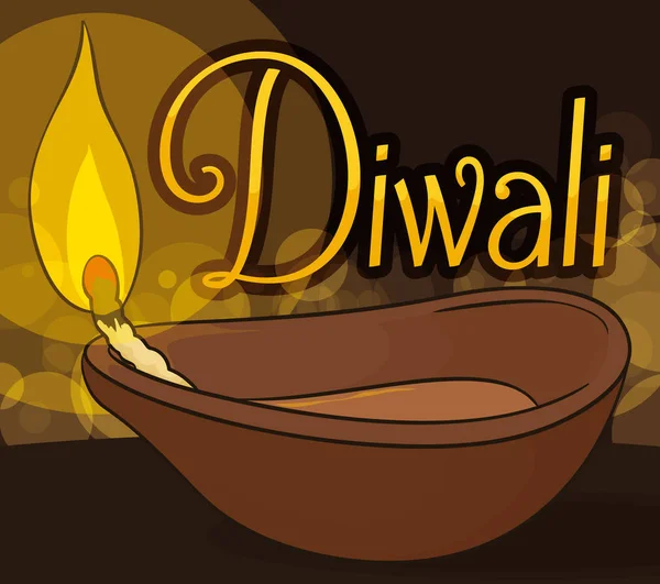 Beleuchtetes Diya in einer Nacht des Diwali mit Bokeh-Effekt, Vektorillustration — Stockvektor